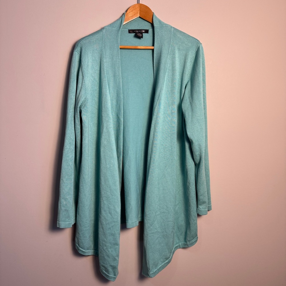 89th & Madison Women's 2X Aqua Blue Waterfall Cardigan Sweater Open Academic